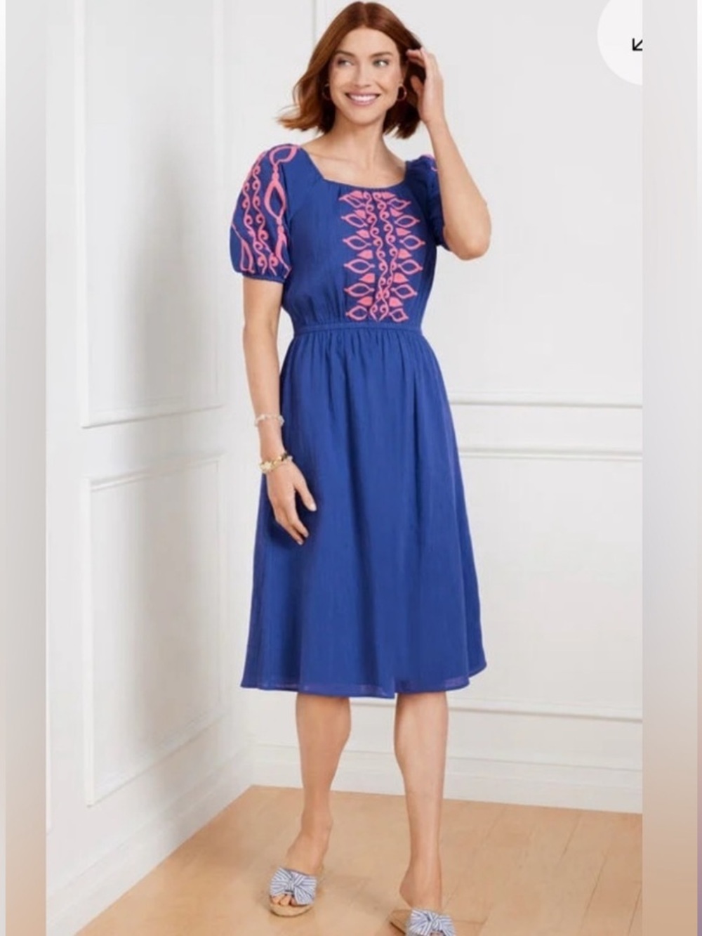 Talbots Blue Crinkle Gauze Embroidered Midi Dress Size Medium NWT